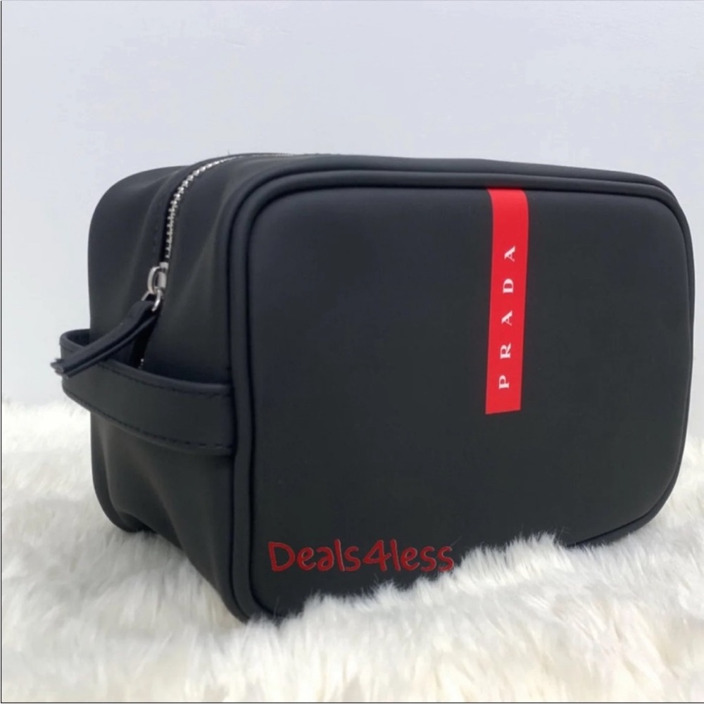 Prada Luna Rossa Black & Red pouch Travel bag Toiletry Dopp Kit Shaving Case - Picture 3 of 6
